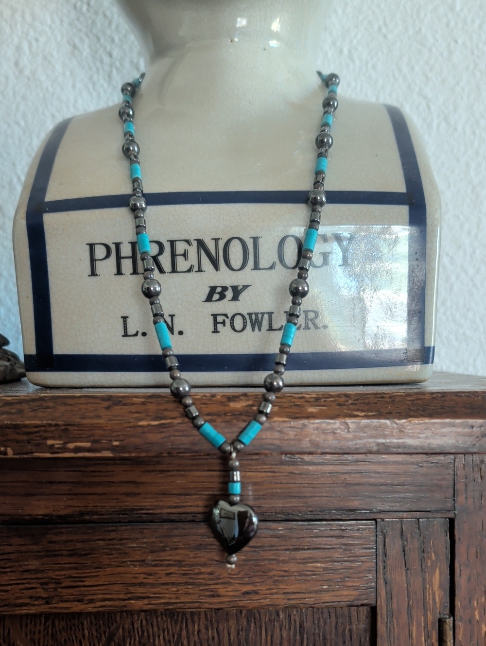 Turquoise and Hematite Heart Pendant Necklace - Women Jewelry